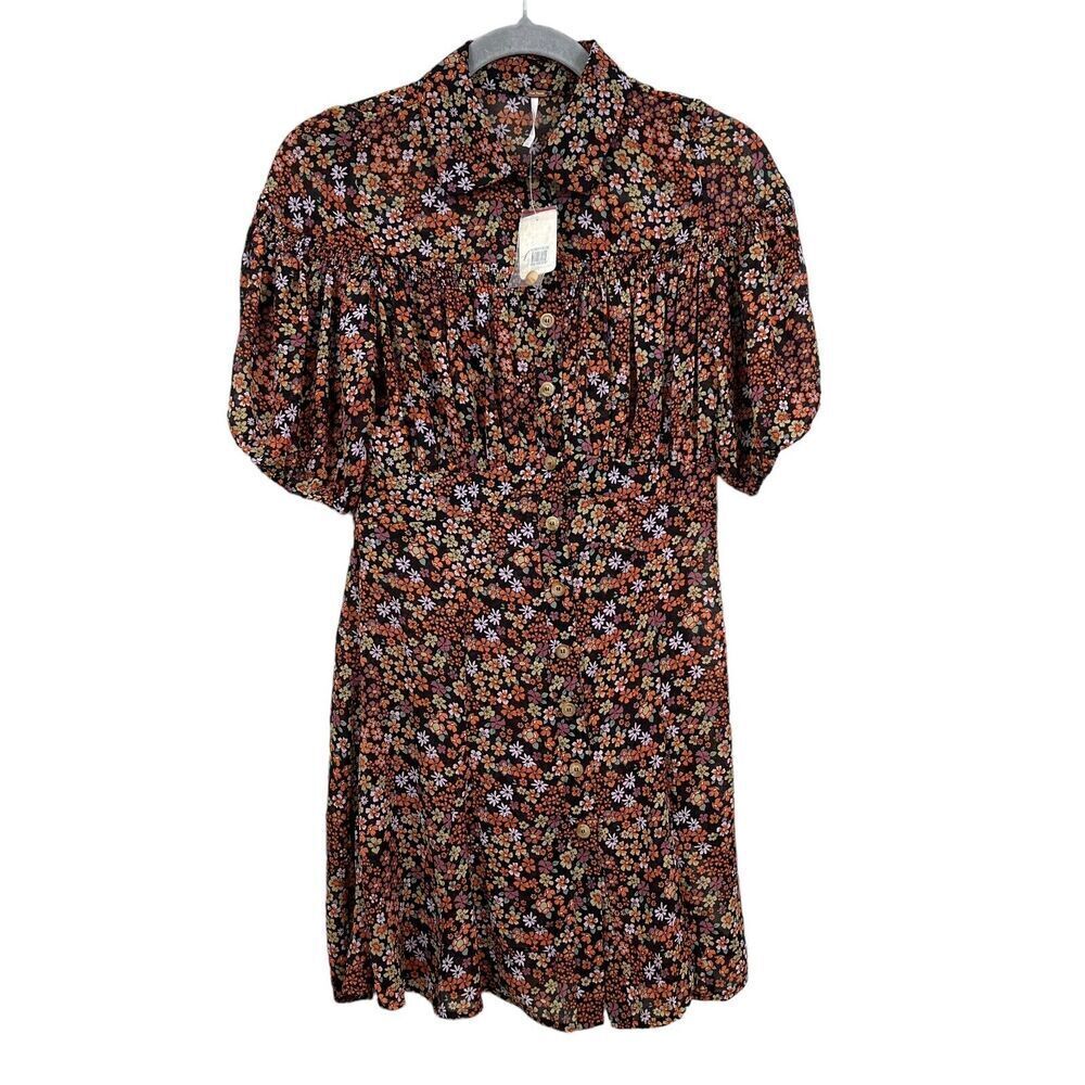 Free People Womens Bonnie Mini Dress Floral Button Front Pleated Dusk Combo XS*
